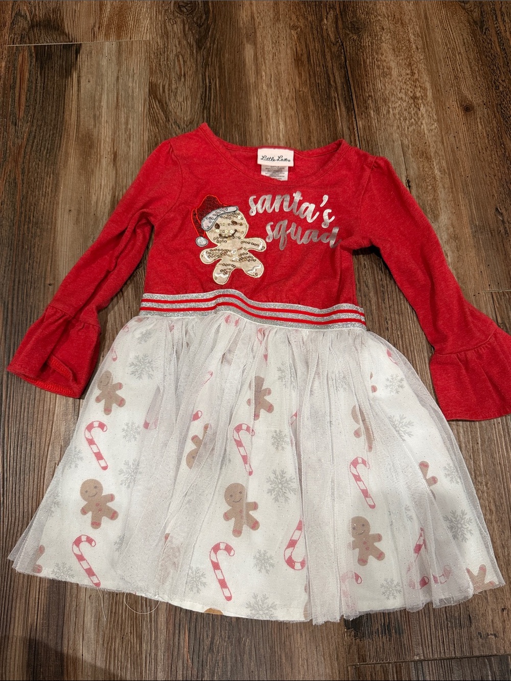 Little Lass Red & White Holiday Gingerbread Tulle Dress